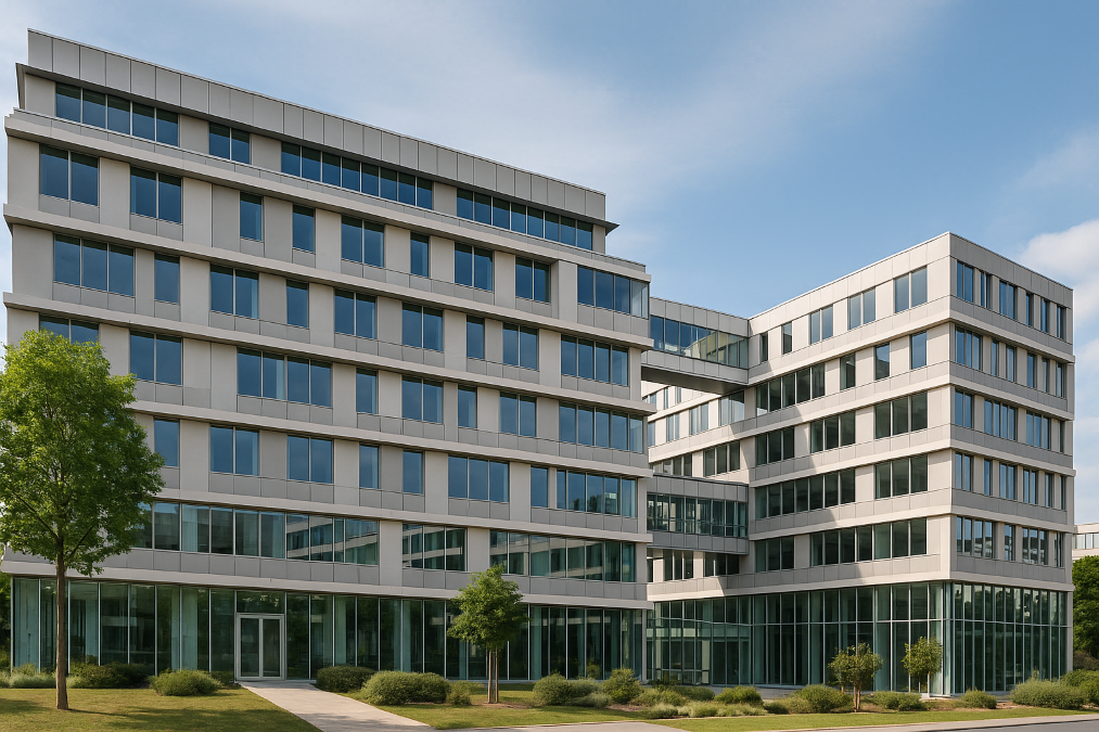 Immeuble Lemnys à Paris 15e avec façade moderne, volumes asymétriques et passerelle vitrée entre les blocs